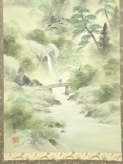 道具 ] - 道具 金子春雪筆 彩色山水 肉筆絹本掛軸（共箱